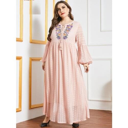 Plus Size 4XL Fashion Autumn Dress Lace Embrodider Womens Muslim Sundress Long Sleeve Ruffle Vestidos Female Button Maxi Robe