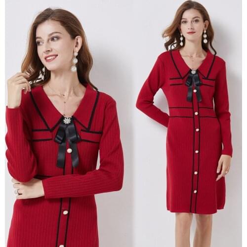 Sweater Dress Women 2021 Autumn Winter Vintage Elegant Bow Button Up Long Sleeve Christmas Clothes Knitted Bodycon Mini Dresses