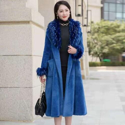 Invierno Blue Faux Rabbit Fur Coat Female Long Detachable Fur Collar Belt Faux Fur Outwear Women 2020 Winter Pocket Black B15