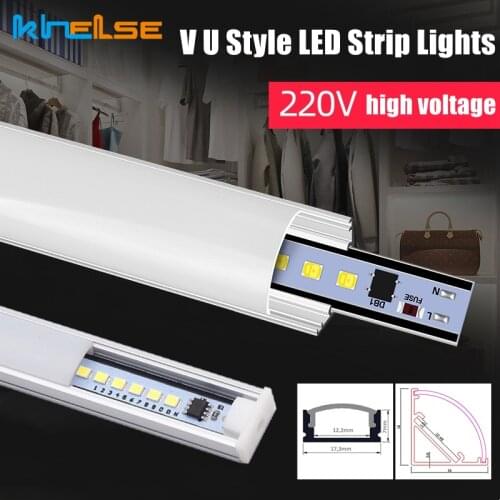 1-15pcs/lot 0.5m V-Type U-Style LED Strip Lights AC 220V Aluminum Profile Milky/Clear Cover Under Cabinet Hard Tube Bar Light