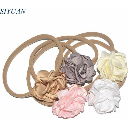 3pcs/lot DIY Boutique Stretchy Nylon Headband with 5cm Burned Satin Flowers Girl Beautiful Hairband FD249