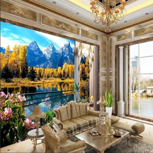 Beibehang 3d Wall paper Home Decor 3D Balcony Maple Lake Landscape Background Modern Mural wallpaper for Living Room