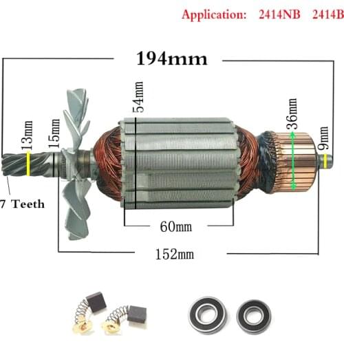 AC220-240V 7 Teeth Drive Shaft Electric Hammer Steel cutting machine rotor 355 for Makita 2414NB 2414B 516563-1 516564-9