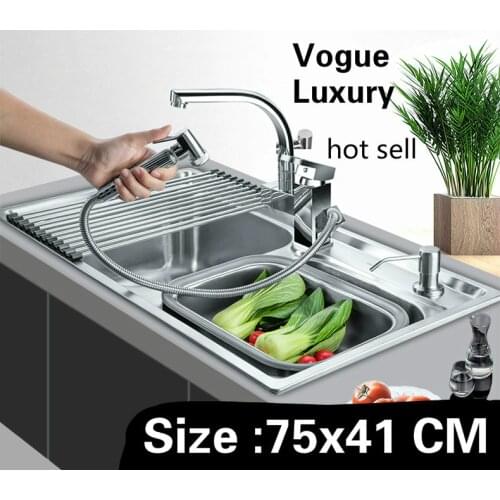 Free shipping High capacity wash vegetables vogue kitchen double groove sink 304 stainless steel luxury 75x41 CM
