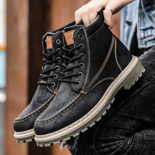Men High Quality Leather Boots Male Spring Casual Motorcycle Ankle Botas Hombre Men Lace-Up Basic Boots Man Fashion Men Boots