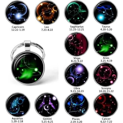 12 Zodiac Sign Glass Dome Jewelry Keychain Virgo Libra Scorpio Cancer Leo Constellation Pendant Key Chain Ring Birthday Gift