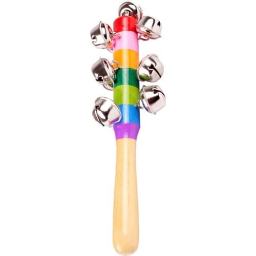Wooden Rattle Rainbow Color Stick Hand Bell Music Shaker Kids Toys Random