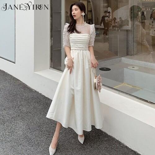 Janeyiren designer summer Hepburn style slim dress vintage Mesh dots Splicing Pleated elegant Midi dress Fashion women