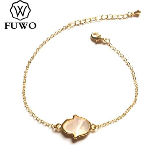 FUWO Natural Seashell Hamsa Hand Bracelet with Gold Trimmed Abalone/Pink/Black/White shell Fashion Jewelry For Women BR523