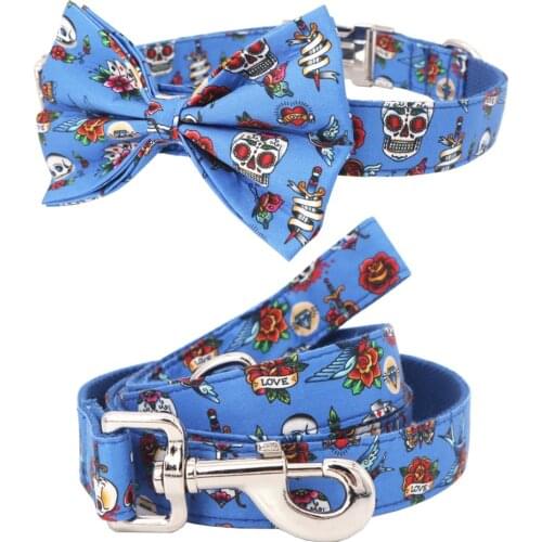 Classic Golgo dog collar and leash with bow tie for big and small dog cotton fabric collar with metal buckle