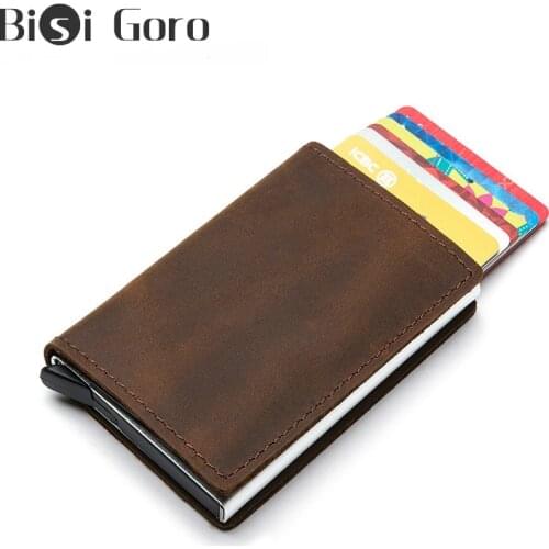 Bisi Goro 2020 RFID Anti-theft Genuine Leather Card Wallet Aluminum Box Slim Smart Card Case Clutch Pop-up Credit Card Holder