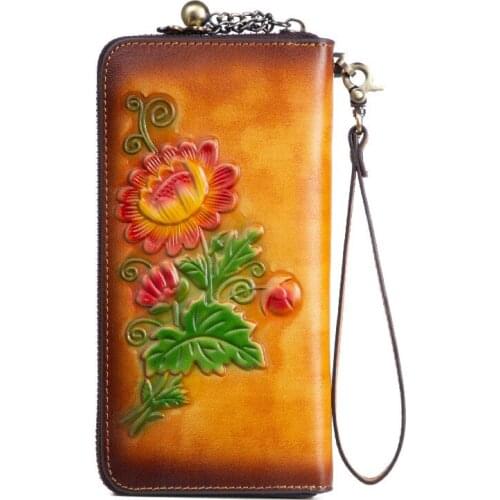 YourSeason Handmade Ladies Embossing Genuine Leather Wallet Card Holder 2021 Womens Long Zipper Cowhide Large Clutch Phone Purse