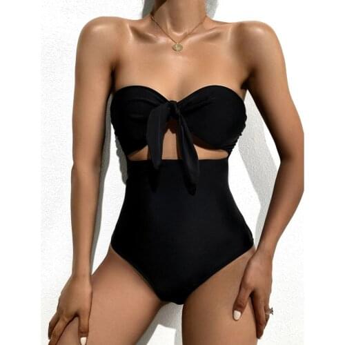 Swimsuit Women Black Red Solid Sexy Bow Swim Wear Bandeau Monokini Push Up Bathing Suit One Piece 2021 Summer Beachwear Girls