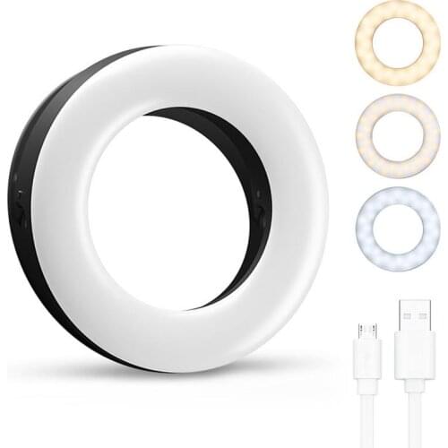Mobile Phone Fill Light Usb Rechargeable Round Selfie Lamp with Led Cover Usb Charge Port Adjustable Brightness