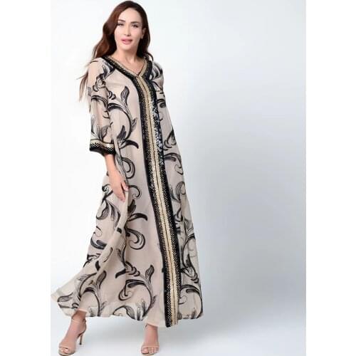 Muslim Dress Dubai Arab Fashion Sequins Embroidered V Neck Abaya Duabi Arabic Turkey Moroccon Kaftan Islamic Clothing India Gown