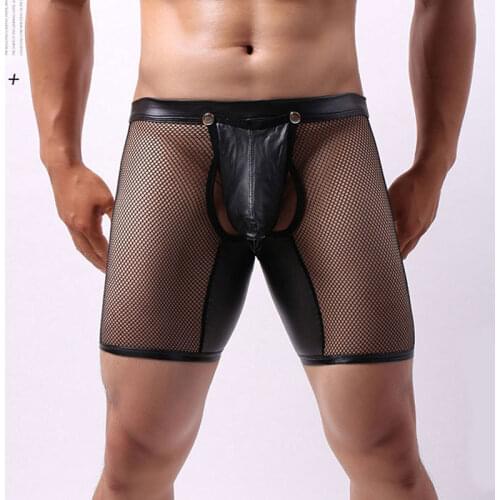 Men Wild Sheer Faux Leather U Convex Pouch Boxers Panties Open Crotch Sexy Short Boxer Gay Wear Erotic lingerie Plus Size F17