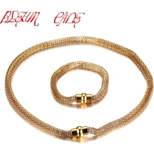 Punk 316L Stainless Steel Gold Color Mesh Chain Necklace Bracelet 1set Cool Mens Jewelry Wholesale