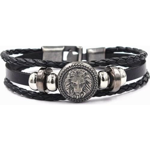 Fashion Lion Head Charm Magnetic Black Men Bracelet Leather Genuine Braided Punk Rock Bangles Jewelry Accessories Friend
