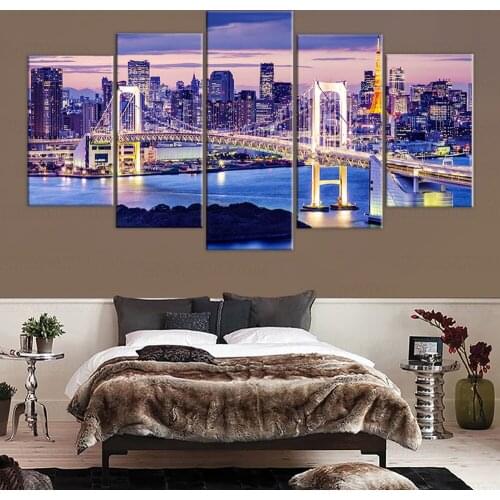Canvas Painting Framework Home Decor Modular Wall Art 5 Pieces Rainbow Bridge Tokyo Night Painting Pictures Living Room Posters