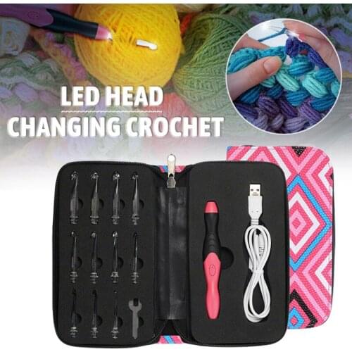 11-in-1 LED Glowing Crochet Hooks Set USB Rechargeable Knitting Weave Needle Kit Adjustable DIY Sewing Accessories Craft Tools