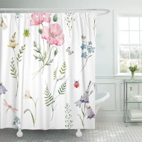 Gentle Watercolor Floral Pink Poppy Flower Bell Green Plants and Leaves Butterflies Dragonflies Beetles Bathroom Curtain