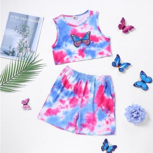 New Summer Kids Clothes Children Sets 2 Pcs Tie Dye Butterfly Sleeveless Vest+short Pants Cotton Casual Home Girls Outfits 4-9Y