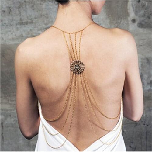 New Design Metal Flower Backdrop Necklace Back Multi-layers Rope Chain Gold Backless Dress Accessories Jewelry Bridal Jewelry