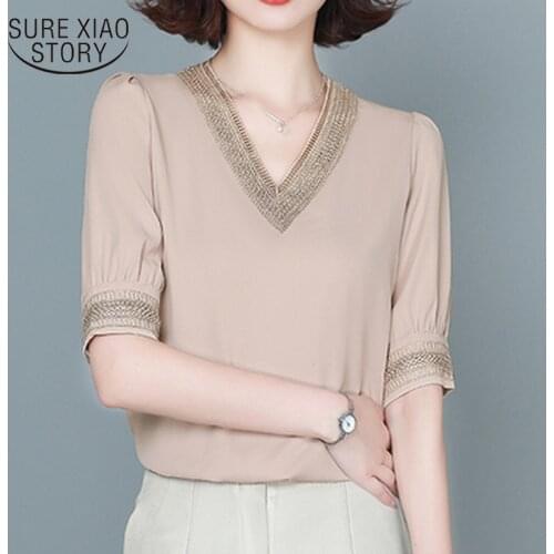 Office Lady Solid V-neck Shirt Women Summer Embroidery Short Sleeve Casual Silk Satin Shirts Plus Size Loose Tops Clothes 13460