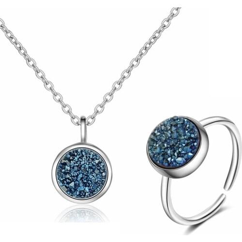 SHDEDE Rings Necklace Pendants Round Blue Rhinestone Crystal Accessories Fashion Jewelry Sets For Women Party Gift -X411