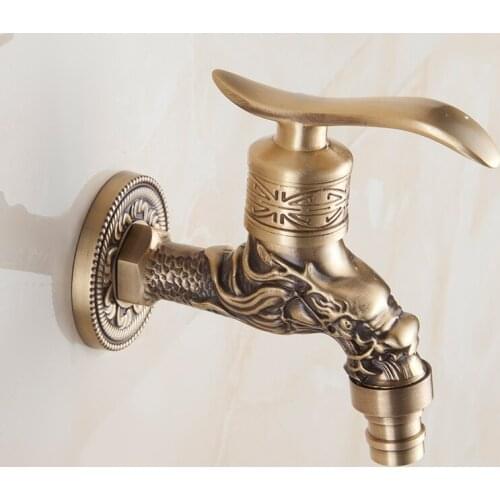 Vidric Retro Garden Bibcock Faucet Tap Antique Brass Finish Bathroom Wall Mount Washing Machine Water Faucet dragon carved Taps