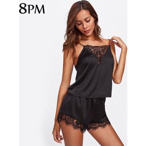 Women Spaghetti Strap Nightwear Lace Trim Cami Top Pajama Sets Satin Silk Pjs Sexy Summer Pajamas Sleepwear ouc3320