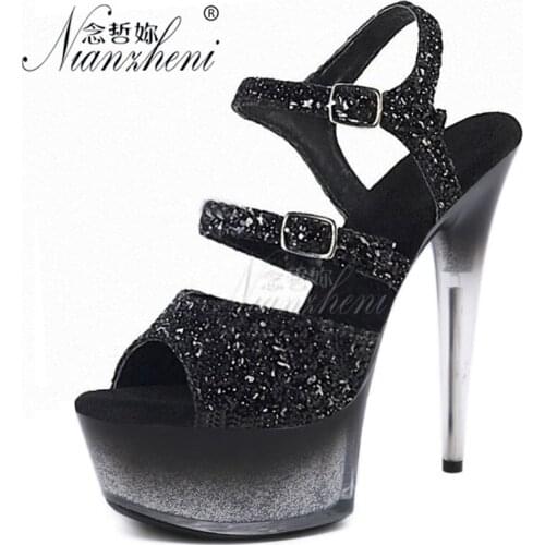 Flash powder Bling Buckle strap Open Toe Shallow Womens Sandals 6 inches Sexy Fetish Nightclub 15CM Novelty Cross dressing Show