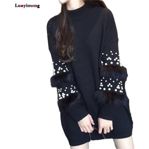Faux Fur Pearl Beads Sweater Long Sleeve Jumpers Womens Turtleneck Pull Casual Pullovers Ladys Sweater Coat Oversized Tops