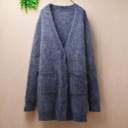 Thicken warm female women genuine mink cashmere medium long cardigans angora rabbit fur knitted jacket coat winter fall sweater