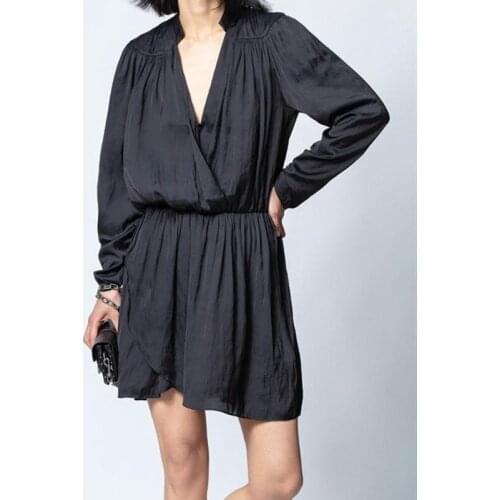 2021 Spring Summer Women V-Neck Mini Dress Lady Long Sleeve Elastic Waist Simple Short Dresses Robes