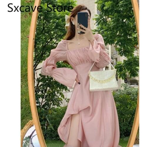 Design Pink Midi Dress Women Sweet Vintage Elegant One Piece Dress Korean Fashion 2021 Autumn Fairy High Waist Party Dress Lady