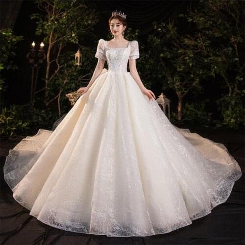 Luxury Square Collar Short Sleeves Wedding Dresses 2021 Sparkly Beads Princess Wedding Ball Gown RoYal Train Vestido De Novia