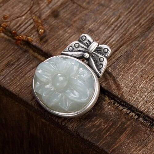 2018 Special Offer New Arrival Accented S925 Pure Natural Hetian Mosaic Butterfly Peony Flower Lady Pendant Wholesale