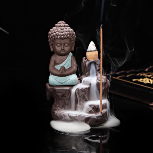 5Pcs Incense Cones + Burner Creative Home Decor The Little Monk Small Buddha Censer Backflow Incense Burner Home Office Teahouse