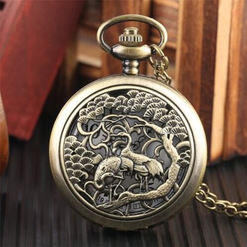 Exquisite Hollow Engraved Cranes Design Quartz Necklace Watch Bronze Pendant Retro Pocket Clock Gifts Men Women Sweater Chain