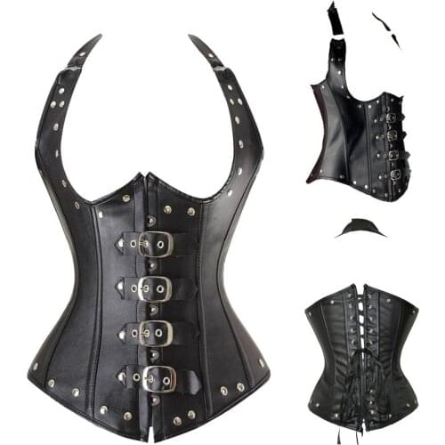 Black Womens Punk Style Spiral Steel Boned Waist Trainer Cincher Shaper Faux Leather Corset Underbust For Party Costumes