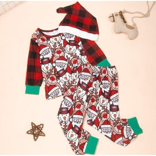 New Winter Childrens Set Christmas Clothes 3 Pieces Elk Print Patchwork Plaid Long Sleeve Tops+trousers+hat Kids Clothes 1-6Y