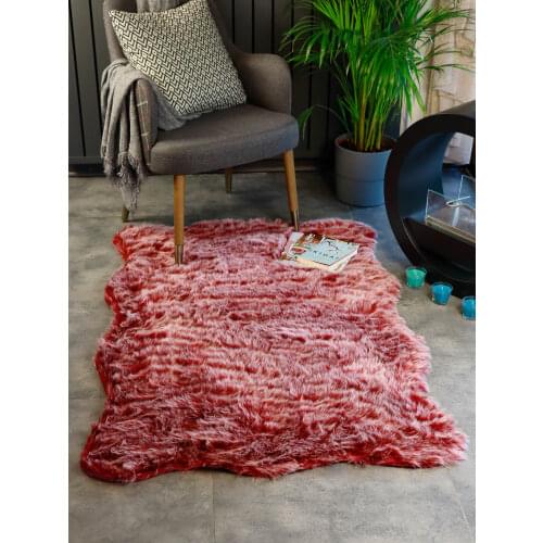 Burgundy White Faux Rabbit Fur Rug , Artificial Leather Non-Slip Base Faux Rugs Area Rugs for Bedroom Floor Sofa Living Room