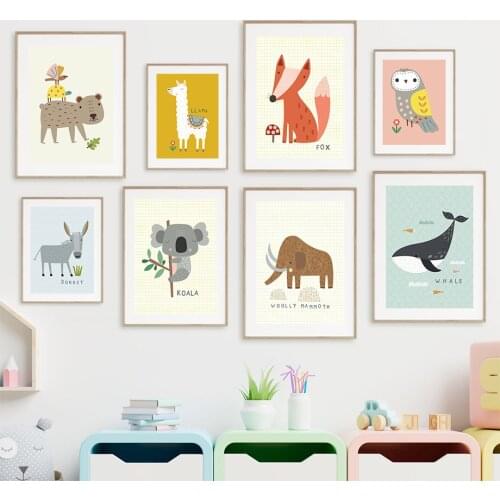 Cute Jungle Animals Fox Koala Donkey Sloth Owl Nordic Posters And Prints Wall Art Canvas Painting Wall Pictures Kids Room Decor