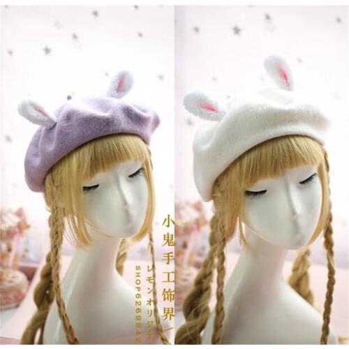 Sweet Lolita Cute Christmas rabbit ear Beret Handwork Womens Classic Wool Felt Painter Hat B555