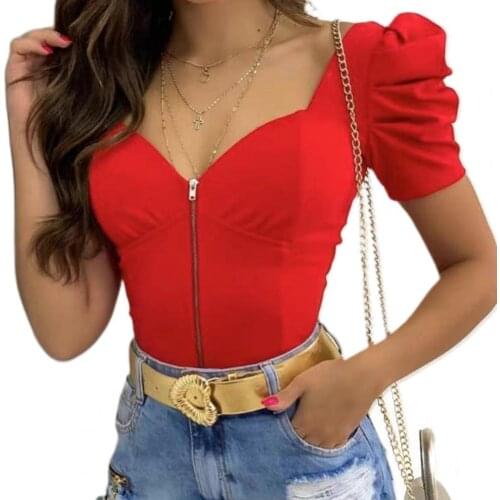 Fashion Women T-Shirt Top Low-cut U Neck Puff Sleeve Sexy Solid Color Zipper Skinny Slim-fit T-shirt Dating Tee Summer 2021