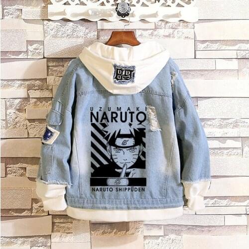 New Denim Jacket Cosplay Costume Uzumaki Hooded Coat Anime Casual Ripped Tops Adult