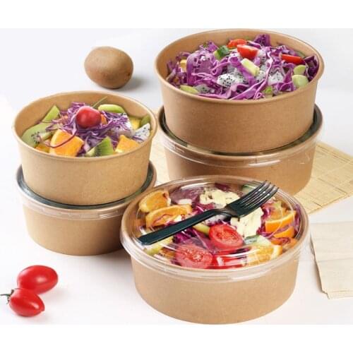 Food Grade Disposable Kraft Paper Salad Packing Box Takeout Food Salad Box Breakfast Fast Food Tray With Lid Take-away Tray