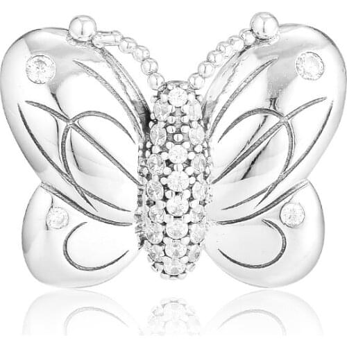 Fits for Pandora Beads Bracelets Decorative Butterfly Charms 100% 925 Sterling Silver Jewelry with Clear CZ Free Shipping