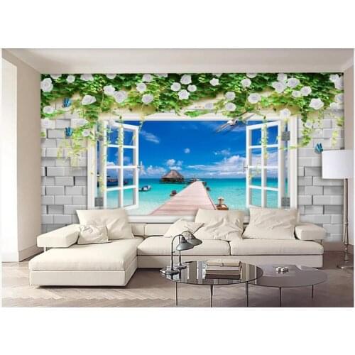 Custom photo 3d wallpaper Brick wall window vine rose sea view tv background living room 3d wall murals wallpaper for home decor